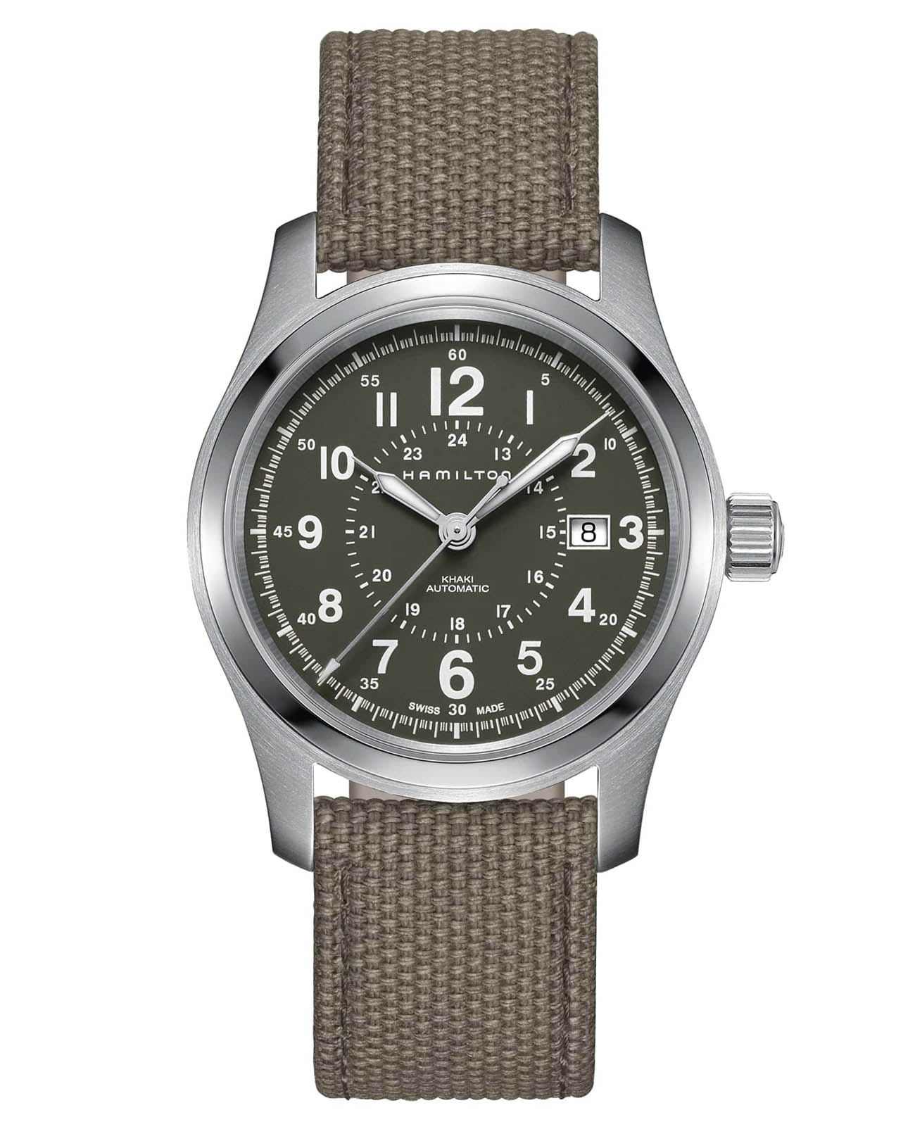 Hamilton Hamilton Khaki Field Auto H70605963  H70605963 механические мужские часы зеленый циферблат, браслет кожа + текстиль — вид спереди