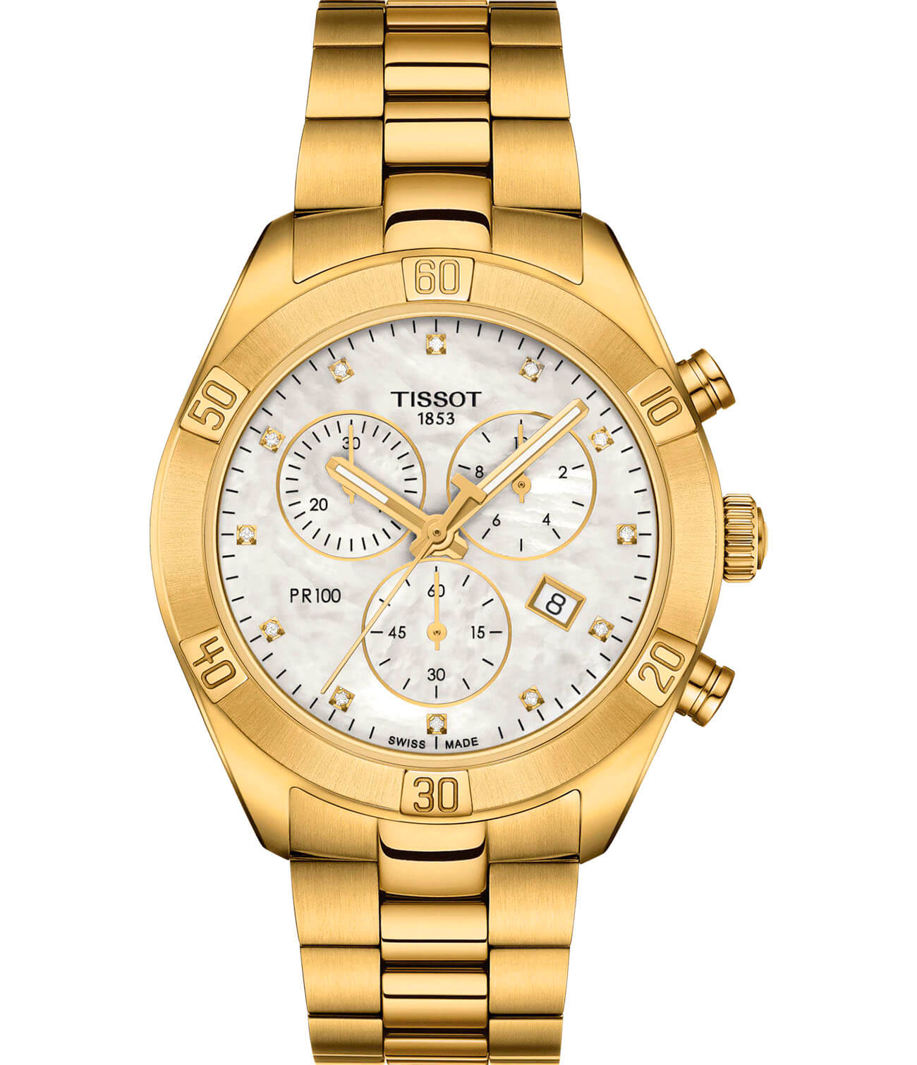 Tissot Tissot PR 100 Sport Chic Chronograph T101.917.33.116.01 PR 100 Sport Chic T1019173311601 кварцевые женские часы перламутровый циферблат, браслет сталь c pvd покрытием — вид спереди