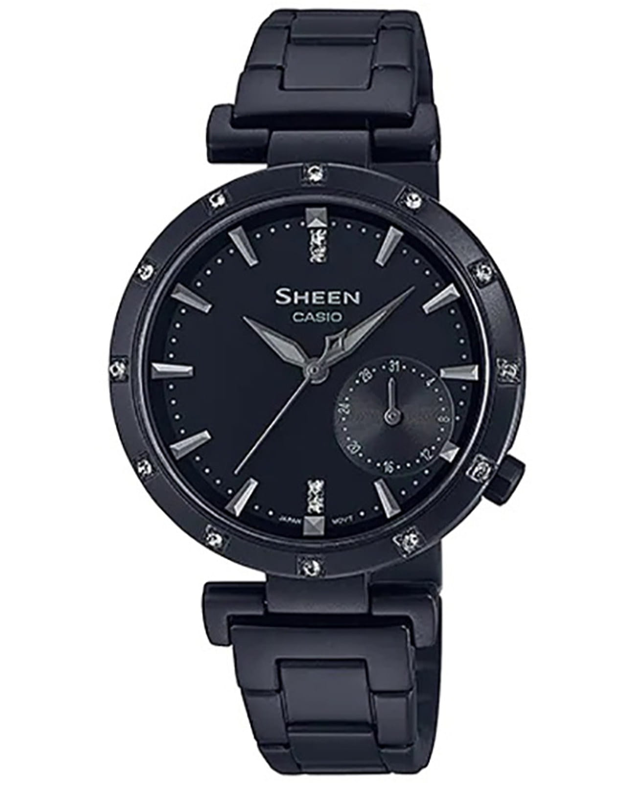 Casio Casio Sheen SHE-4051BD-1A  SHE-4051BD-1A кварцевые женские часы черный циферблат, браслет сталь с ip покрытием — вид спереди
