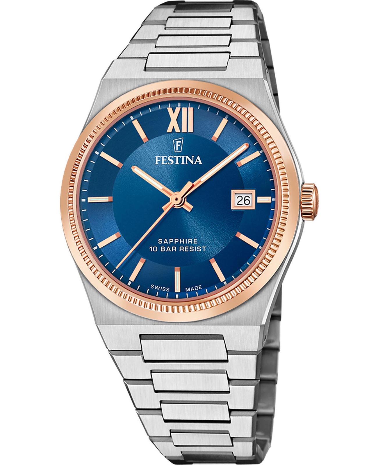 Festina Festina Classics F20036/2  F20036/2 кварцевые мужские часы синий циферблат, браслет нержавеющая сталь — вид спереди
