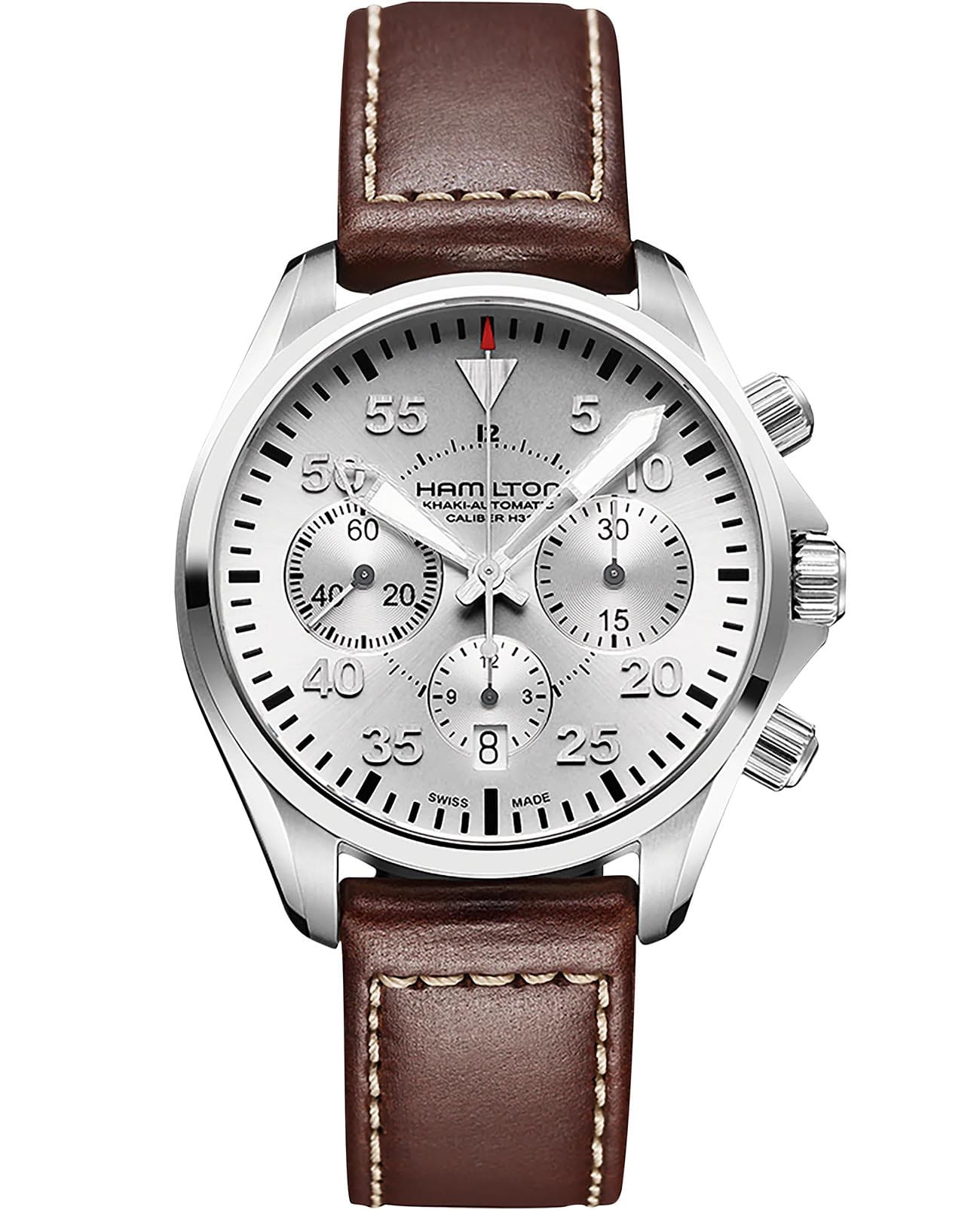 Hamilton Hamilton Khaki Aviation Pilot Pioneer Auto Chrono H64666555  H64666555 механические мужские часы серебристый циферблат, браслет кожаный — вид спереди