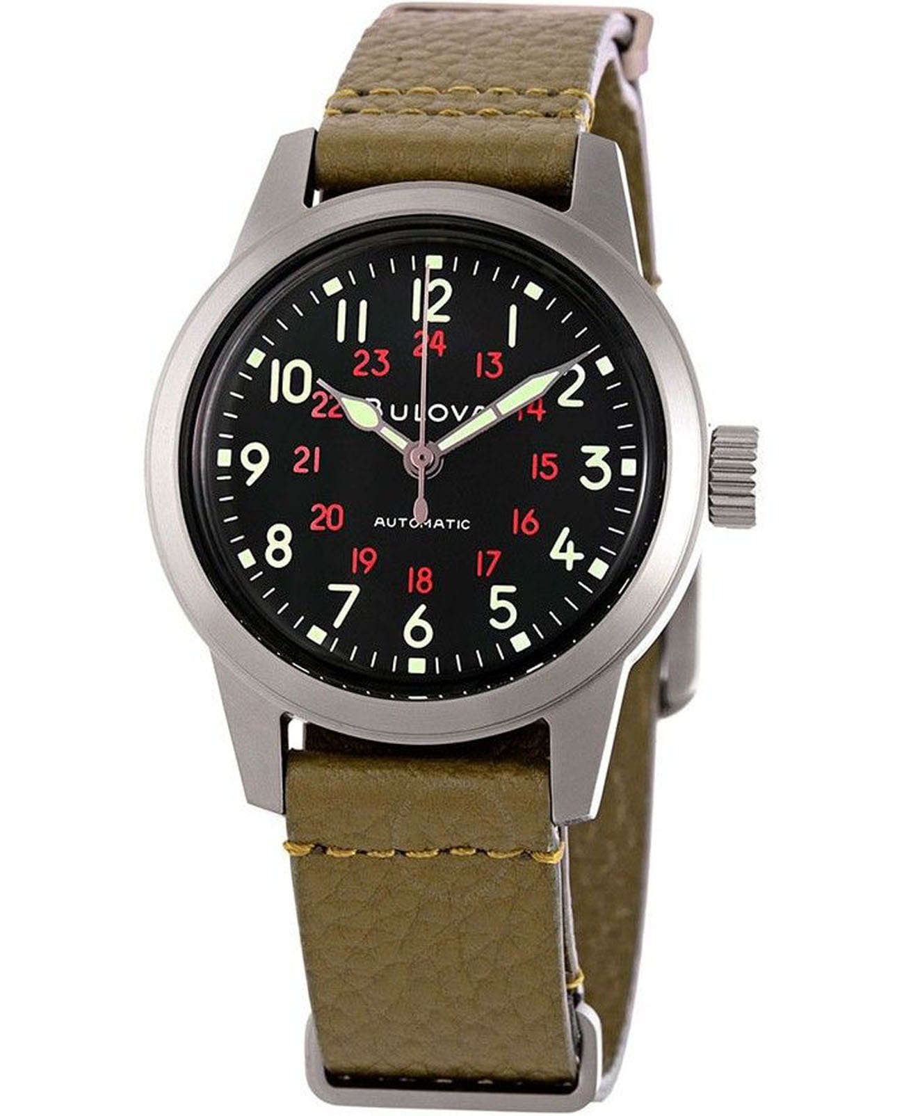 Bulova Bulova Hack 98A255  98A255 механические мужские часы черный циферблат, браслет кожаный — вид спереди