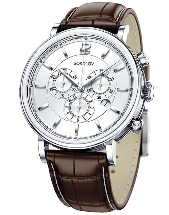 Sokolov 125.30.00.000.03.02.3  125.30.00.000.03.02.3 кварцевые мужские часы белый циферблат, браслет кожаный — вид спереди