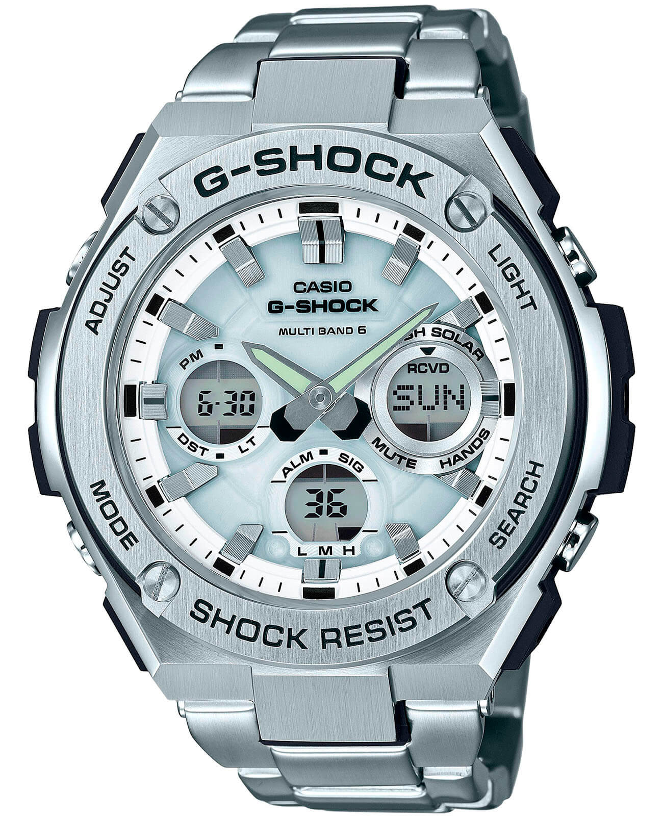 Casio Casio G-Shock GST-W110D-7A GST G-Steel GST-W110D-7A электронные мужские часы белый циферблат, браслет нержавеющая сталь — вид спереди