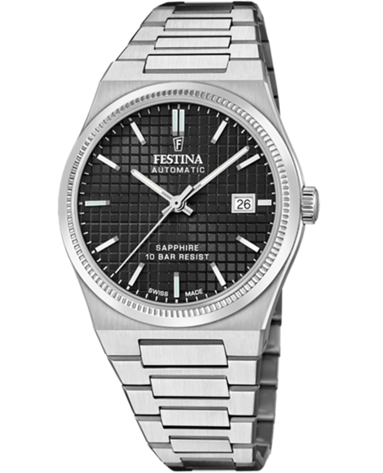 Festina Festina Classics F20028/4  F20028/4 кварцевые мужские часы черный циферблат, браслет нержавеющая сталь — вид спереди
