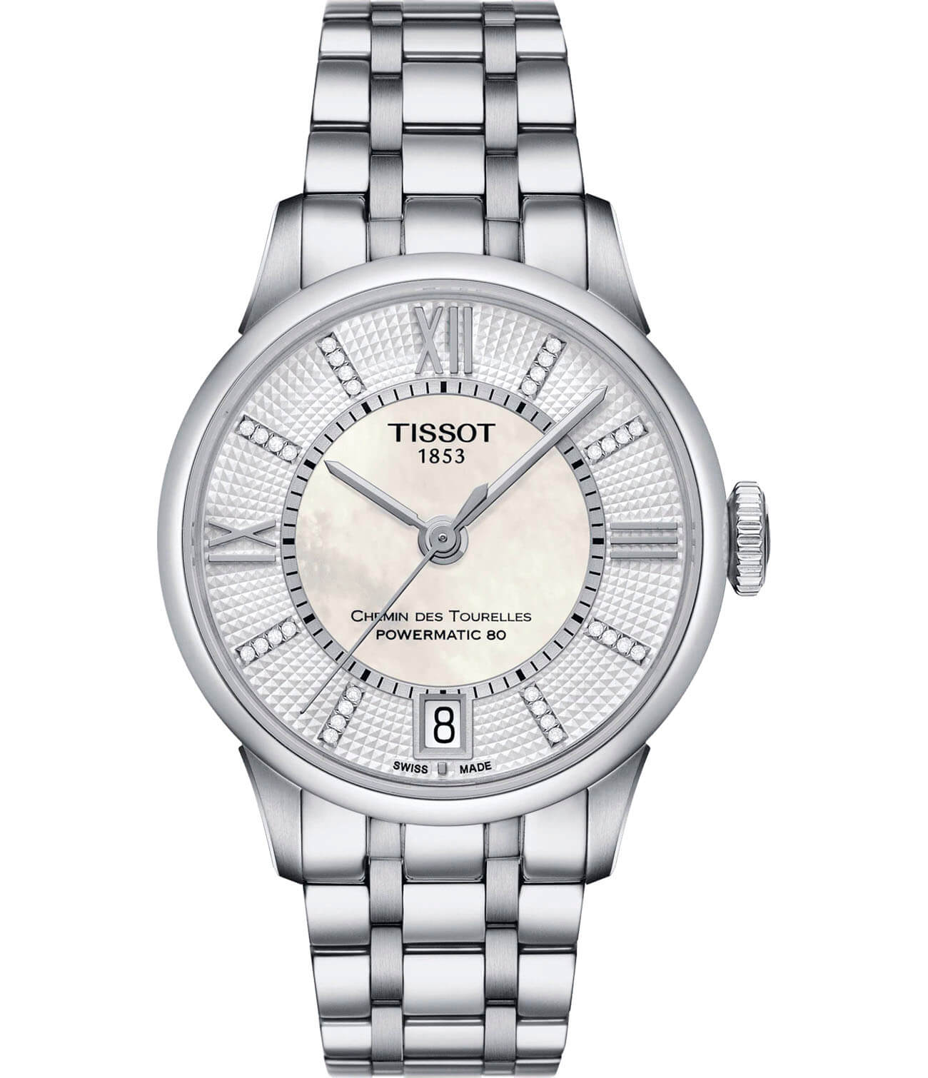Tissot Tissot Chemin des Tourelles Powermatic 80 Lady T099.207.11.116.00 Chemin des Tourelles T0992071111600 механические женские часы белый циферблат, браслет нержавеющая сталь — вид спереди