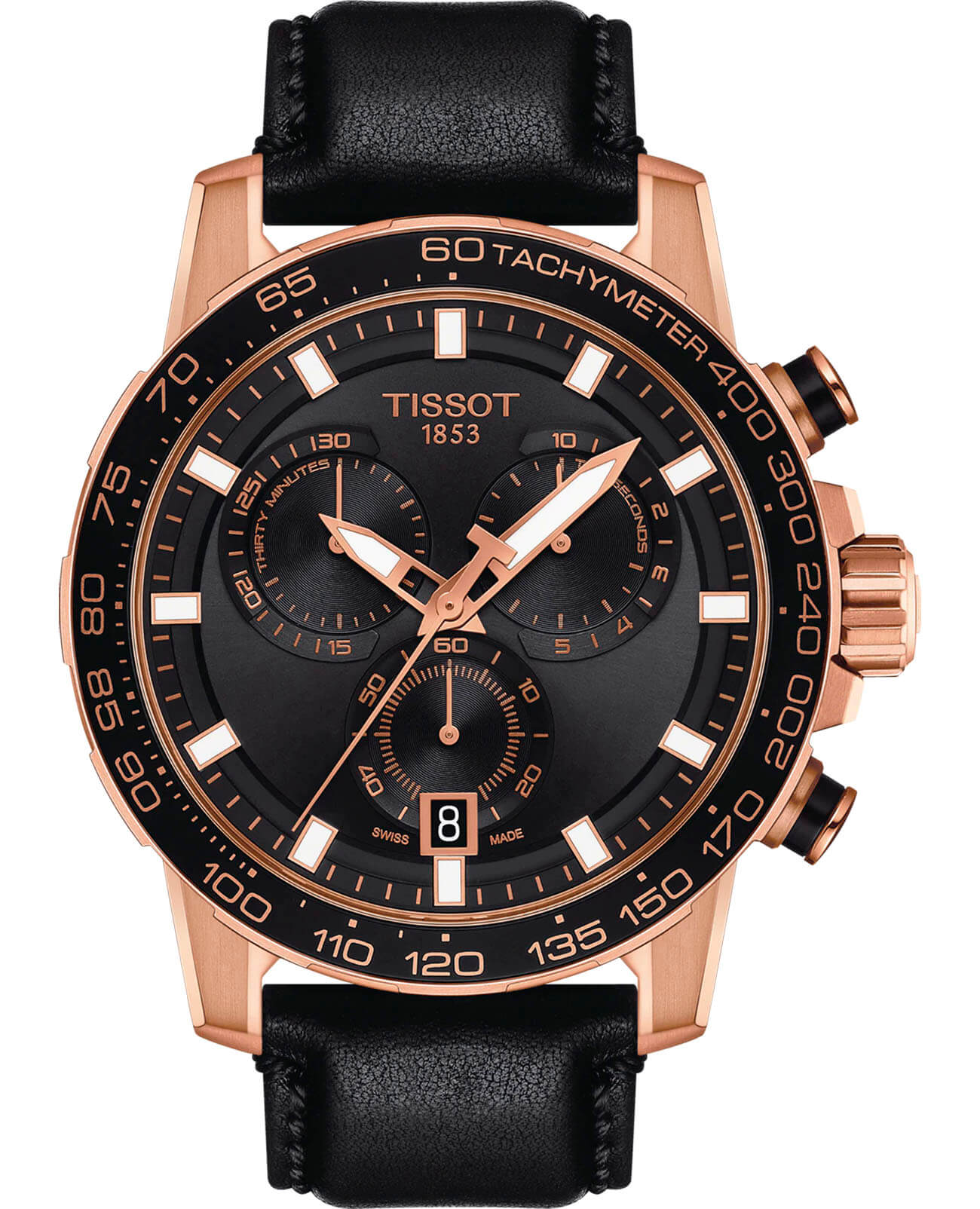 Tissot Tissot SuperSport Chrono T125.617.36.051.00 SuperSport Chrono T1256173605100 кварцевые мужские часы черный циферблат, браслет кожаный — вид спереди