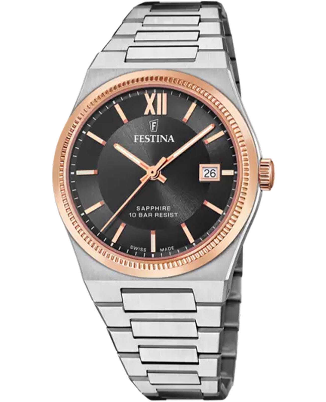 Festina Festina Classics F20036/3  F20036/3 кварцевые мужские часы черный циферблат, браслет нержавеющая сталь — вид спереди