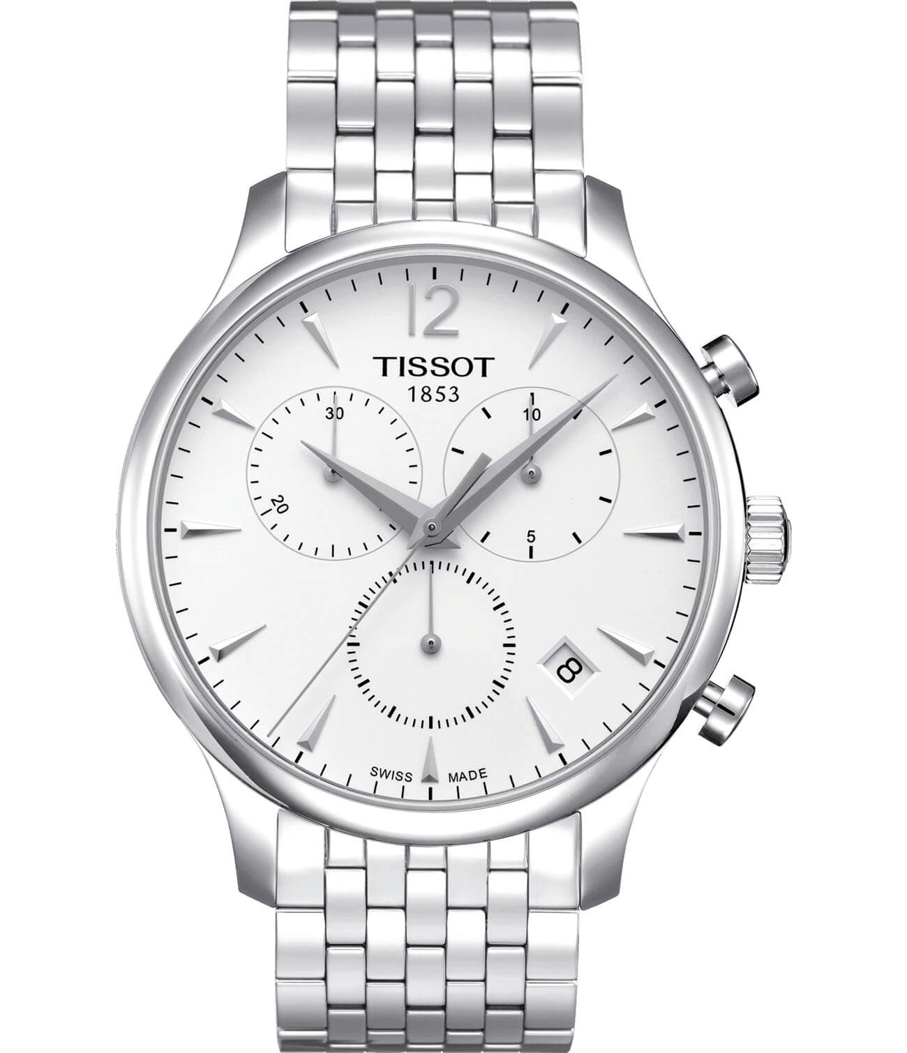 Tissot Tissot Tradition Chronograph T063.617.11.037.00 Tradition T0636171103700 кварцевые мужские часы белый циферблат, браслет нержавеющая сталь — вид спереди