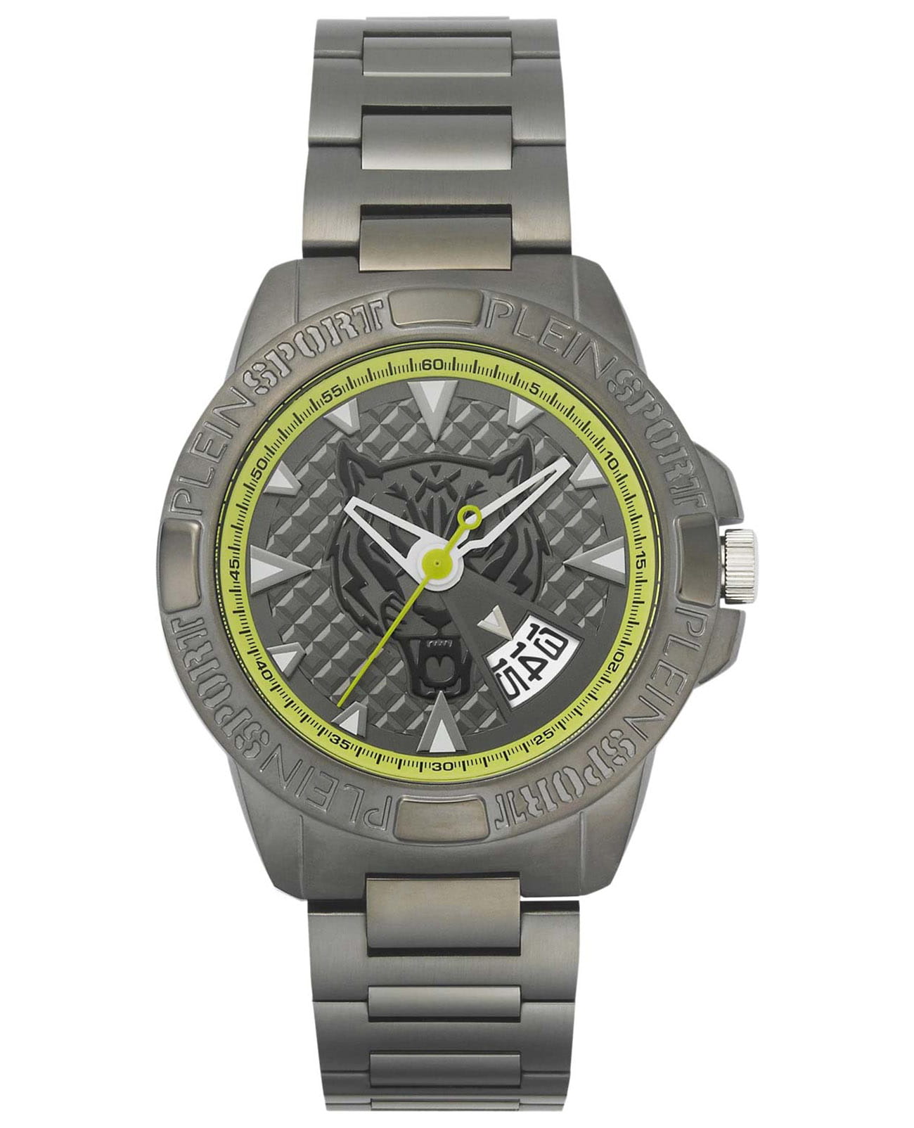 Plein Sport Plein Sport Touchdown PSFBA1023  PSFBA1023 кварцевые мужские часы серый циферблат, браслет сталь с ip покрытием — вид спереди