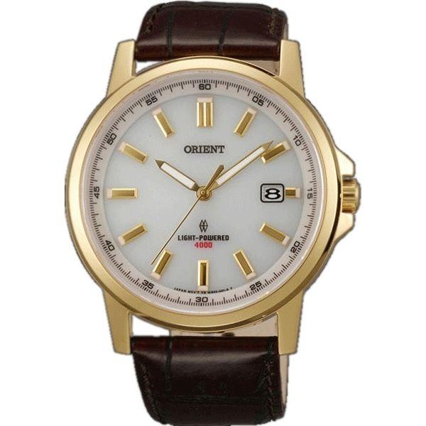 Orient Orient WE02001W (FWE02001W)  FWE02001W автокварц (кинетик) мужские часы белый циферблат, браслет 18-каратное желтое золото — вид спереди