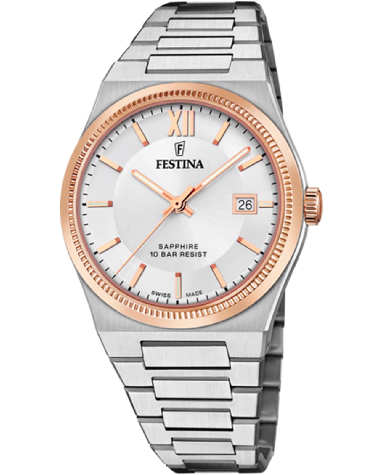Festina Festina Classics F20036/1  F20036/1 кварцевые мужские часы серебристый циферблат, браслет нержавеющая сталь — вид спереди