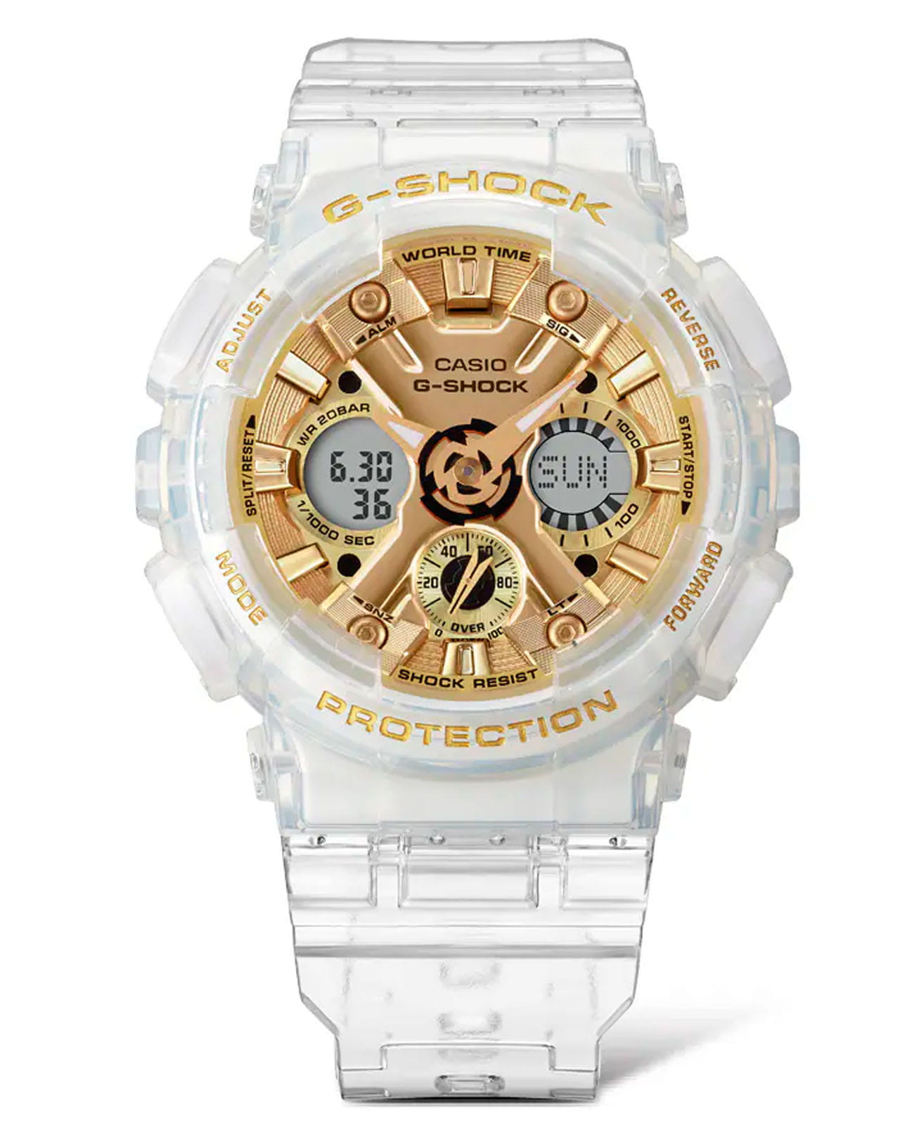 Casio Casio G-Shock GMA-S120SG-7ADR (GMA-S120SG-7AER) электронные женские часы часы крупный план золотой циферблата