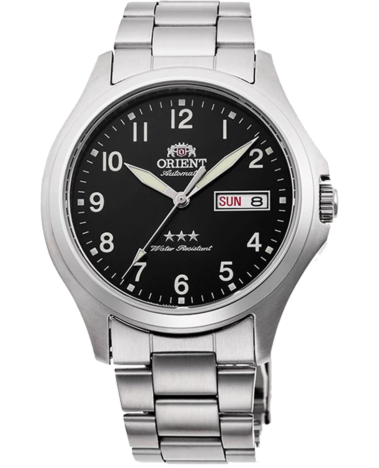 Orient Orient 3 Stars RA-AB0F13B (RN-AB0F13B)  RA-AB0F13B механические мужские часы черный циферблат, браслет нержавеющая сталь — вид спереди