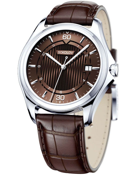 Sokolov 135.30.00.000.08.03.3  135.30.00.000.08.03.3 кварцевые мужские часы коричневый циферблат, браслет кожаный — вид спереди
