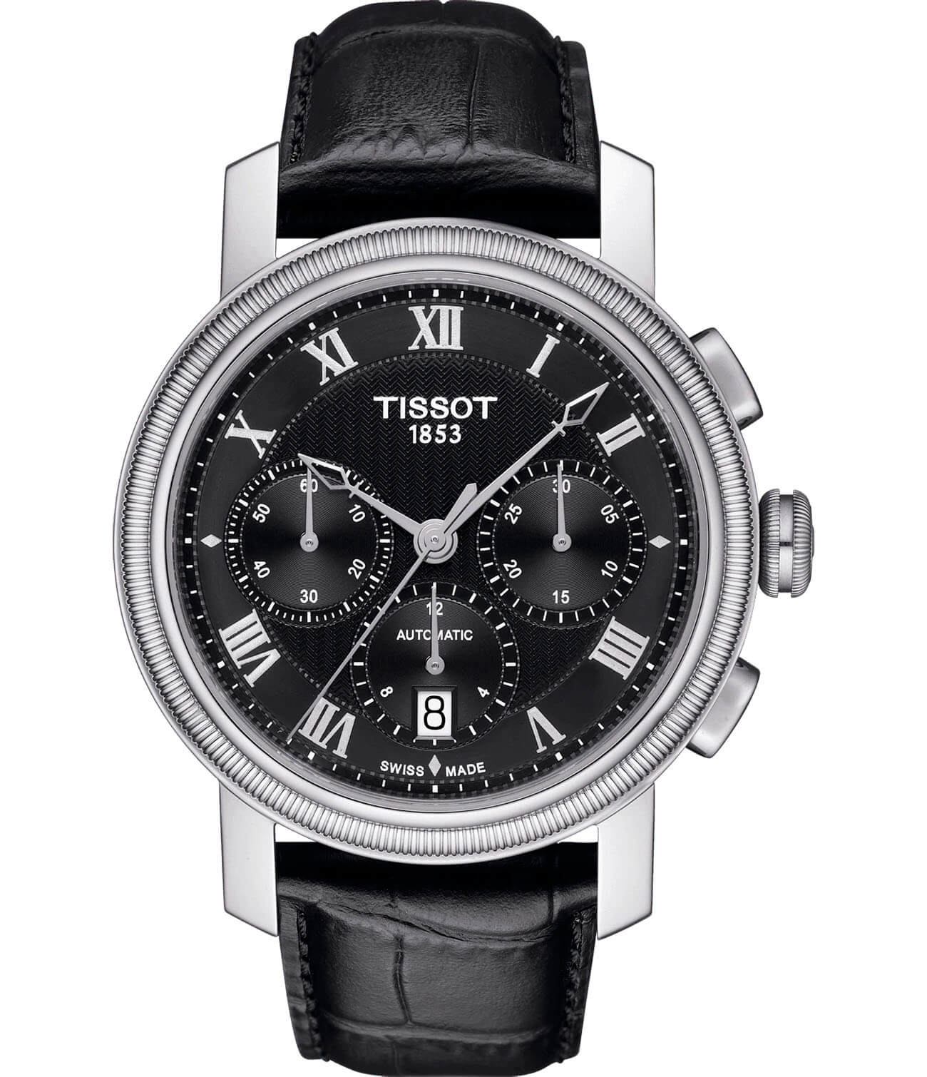 Tissot Tissot Bridgeport Automatic Valjoux T097.427.16.053.00 Bridgeport T0974271605300 механические мужские часы черный циферблат, браслет кожаный — вид спереди