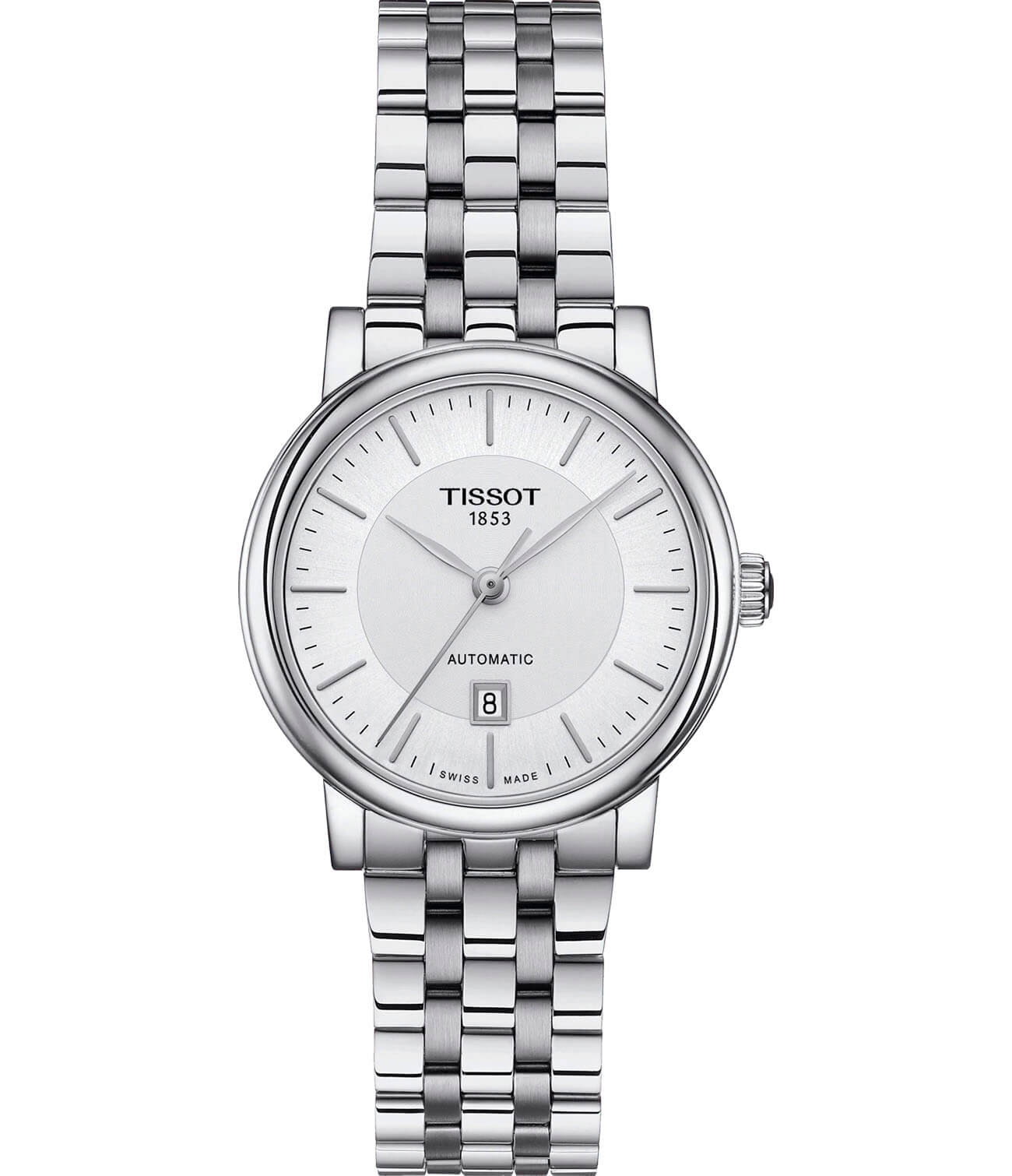 Tissot Tissot Carson Automatic Lady T122.207.11.031.00 Carson T1222071103100 механические женские часы белый циферблат, браслет нержавеющая сталь — вид спереди