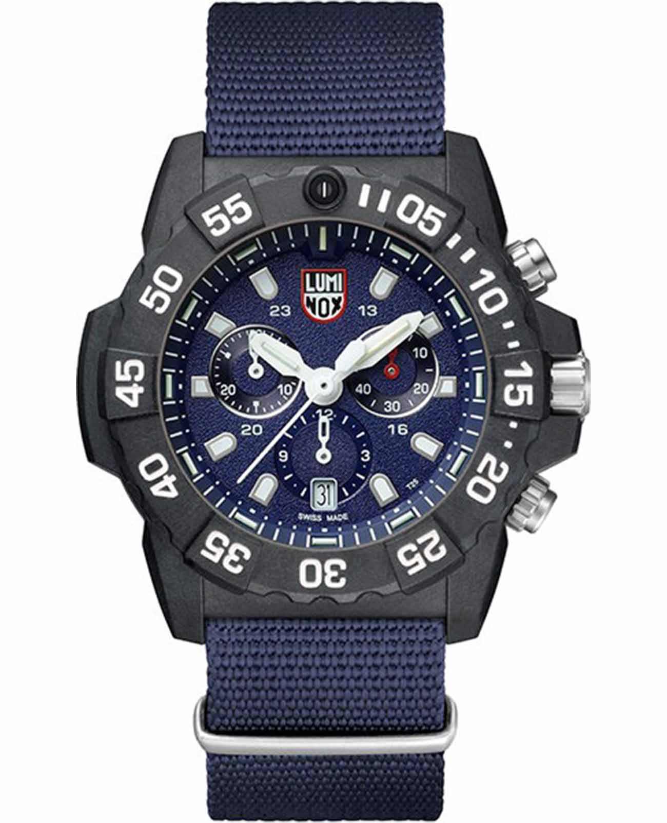 Luminox Luminox Navy SEAL Chronograph 3580 Series XS.3583.ND  XS.3583.ND кварцевые мужские часы синий циферблат, браслет нейлон — вид спереди