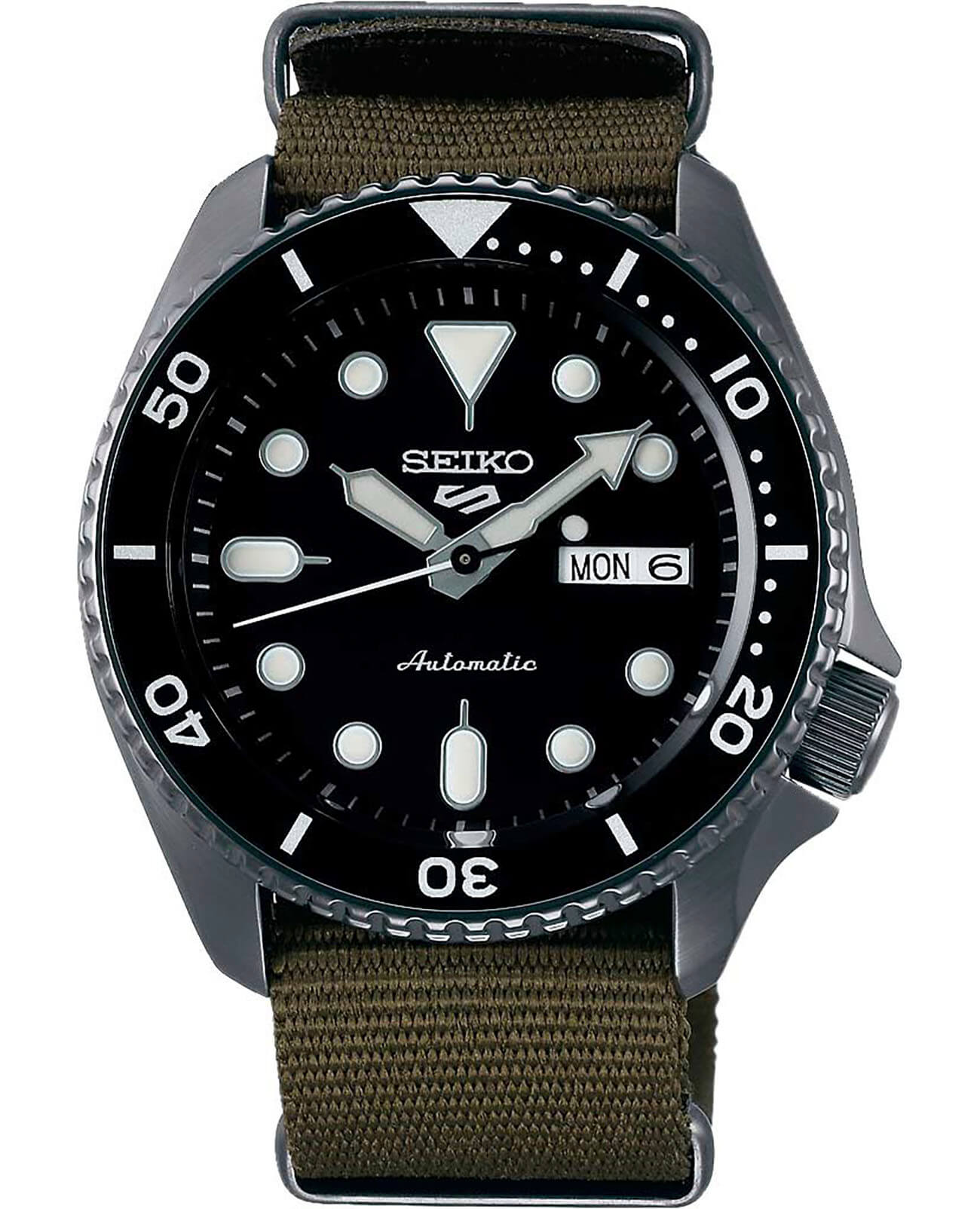 Seiko Seiko 5 Sports SRPD65K4S  SRPD65K4S механические мужские часы черный циферблат, браслет нейлон — вид спереди