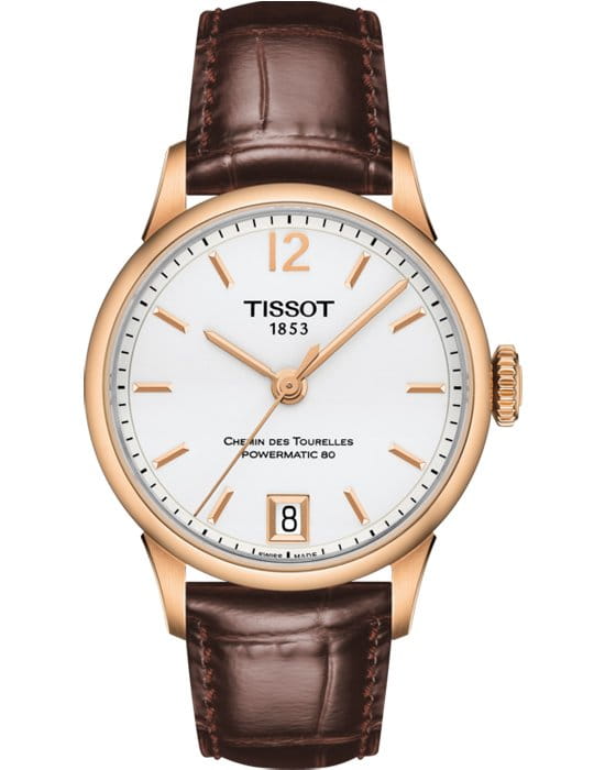 Tissot Tissot Chemin des Tourelles Powermatic 80 Lady T099.207.36.037.00 Chemin des Tourelles T0992073603700 механические женские часы белый циферблат, браслет кожаный — вид спереди