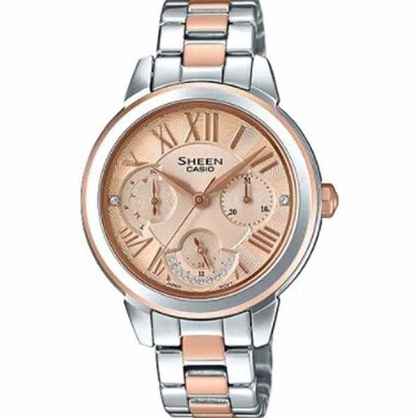 Casio Casio Sheen SHE-3059SPG-9A  SHE-3059SPG-9A кварцевые женские часы оранжевый циферблат, браслет 18-каратное желтое золото — вид спереди