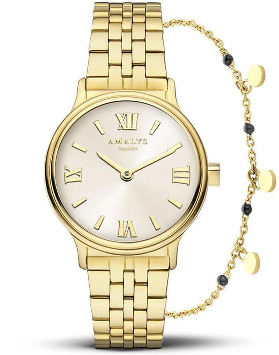Amalys Amalys Giftboxes AMW-199  AMW-199 кварцевые женские часы белый циферблат, браслет нержавеющая сталь с pvd-покрытием — вид спереди