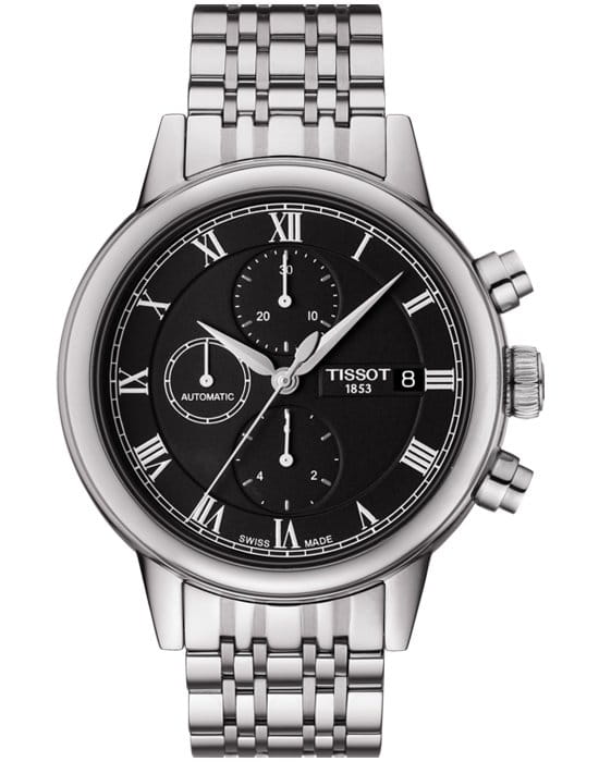 Tissot Tissot Carson Automatic Chronograph T085.427.11.053.00 Carson T0854271105300 механические мужские часы черный циферблат, браслет нержавеющая сталь — вид спереди