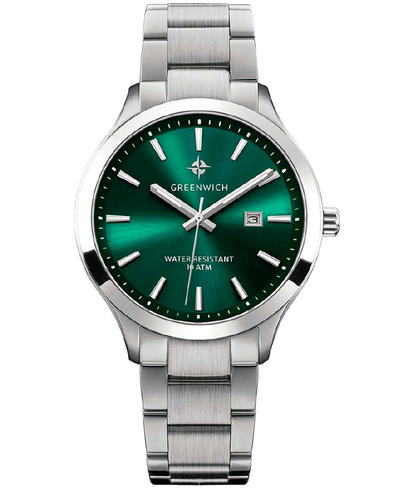 Greenwich Greenwich Helm GW 041.10.37  GW 041.10.37 кварцевые мужские часы зеленый циферблат, браслет нержавеющая сталь — вид спереди