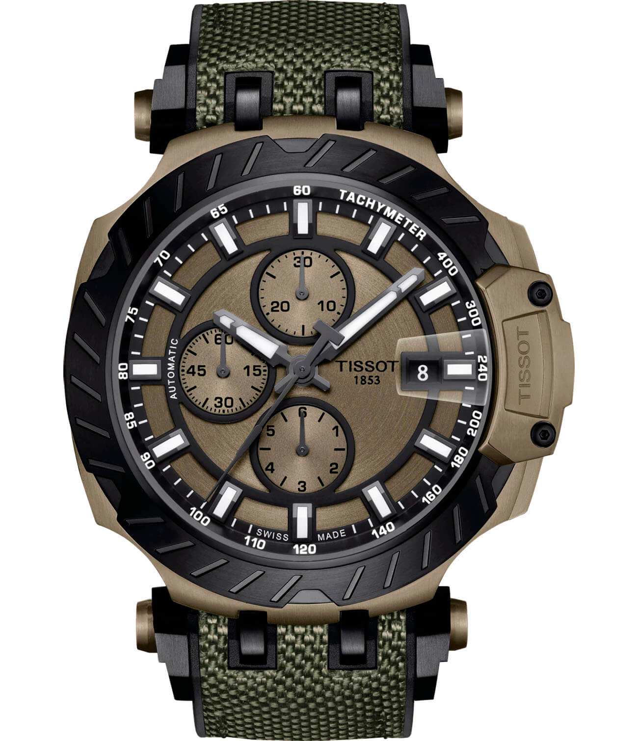 Tissot Tissot T-Race Automatic Chronograph T115.427.37.091.00 T Race T1154273709100 механические мужские часы коричневый циферблат, браслет каучук — вид спереди