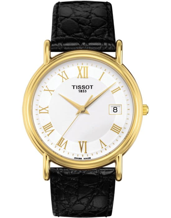 Tissot Tissot Carson 18K Gold T71.3.429.13 Carson T71342913 кварцевые мужские часы белый циферблат, браслет кожаный — вид спереди