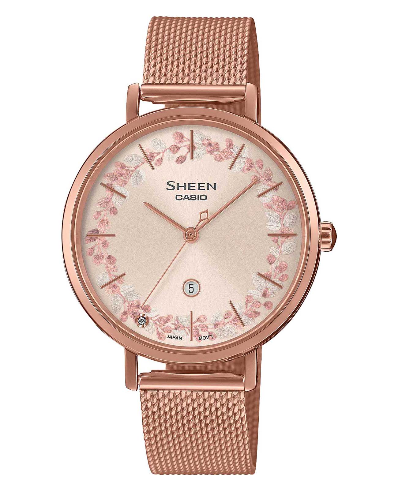 Casio Casio Sheen SHE-4539FPM-4A  SHE-4539FPM-4A кварцевые женские часы розовый циферблат, браслет сталь с ip покрытием — вид спереди