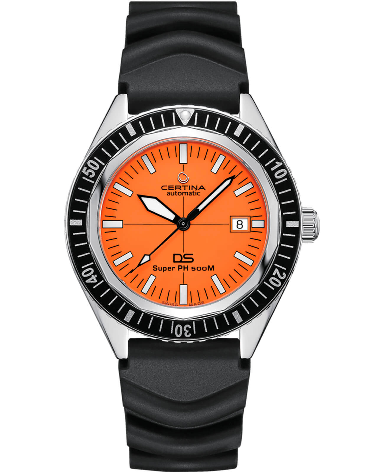 Certina Certina DS Super PH500M C037.407.17.280.10  C0374071728010 механические мужские часы оранжевый циферблат, браслет каучук — вид спереди
