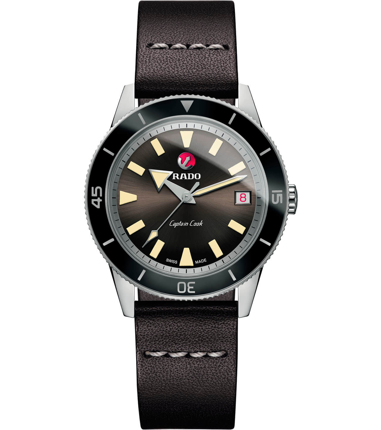 Rado Rado Captain Cook Automatic R32500305 Automatic R32500305 механические мужские часы коричневый циферблат, браслет кожаный — вид спереди