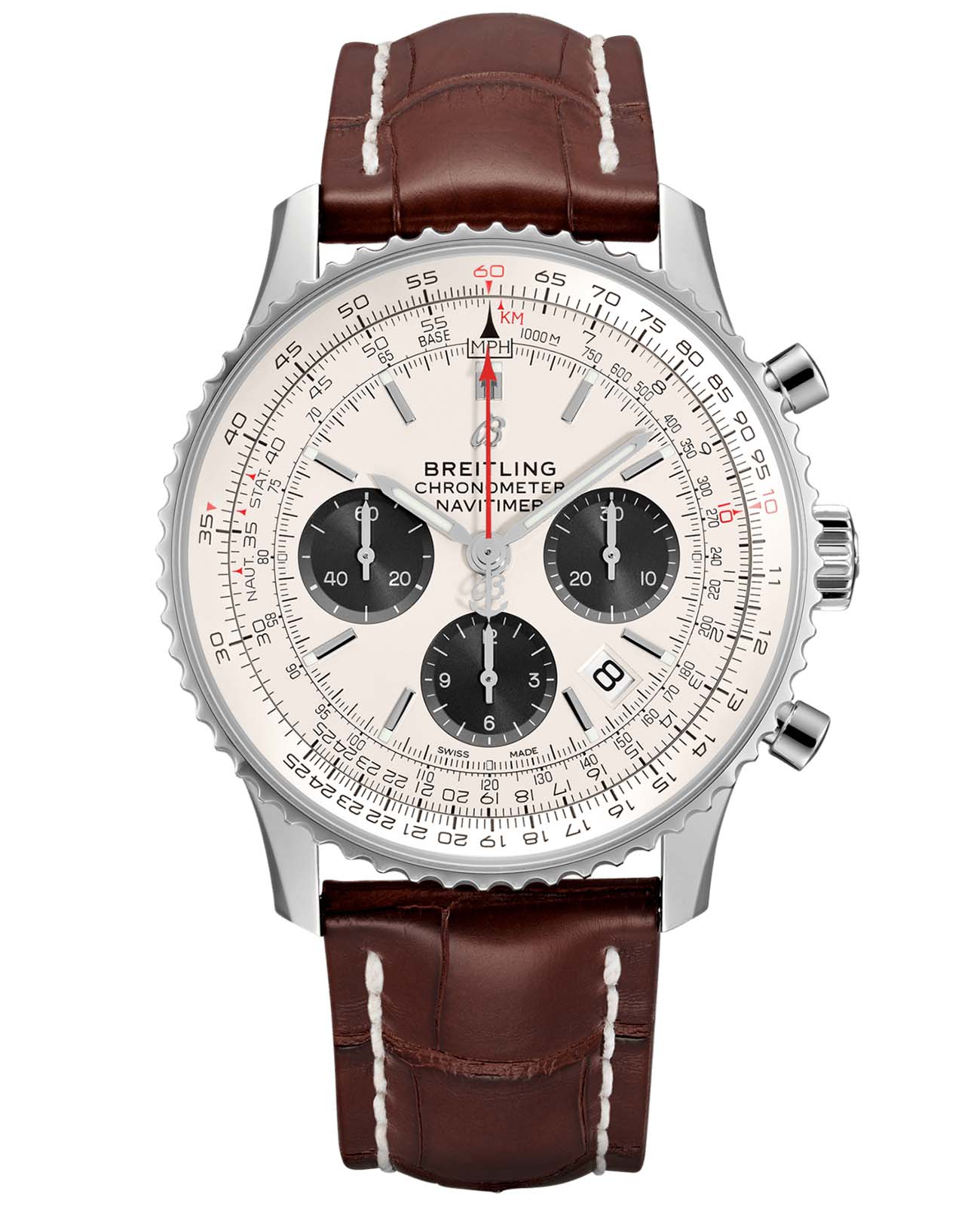 Breitling Breitling Navitimer B01 Chronograph 43 AB0121211G1P1  AAB0121211G1P1 механические мужские часы серебристый циферблат, браслет кожаный — вид спереди