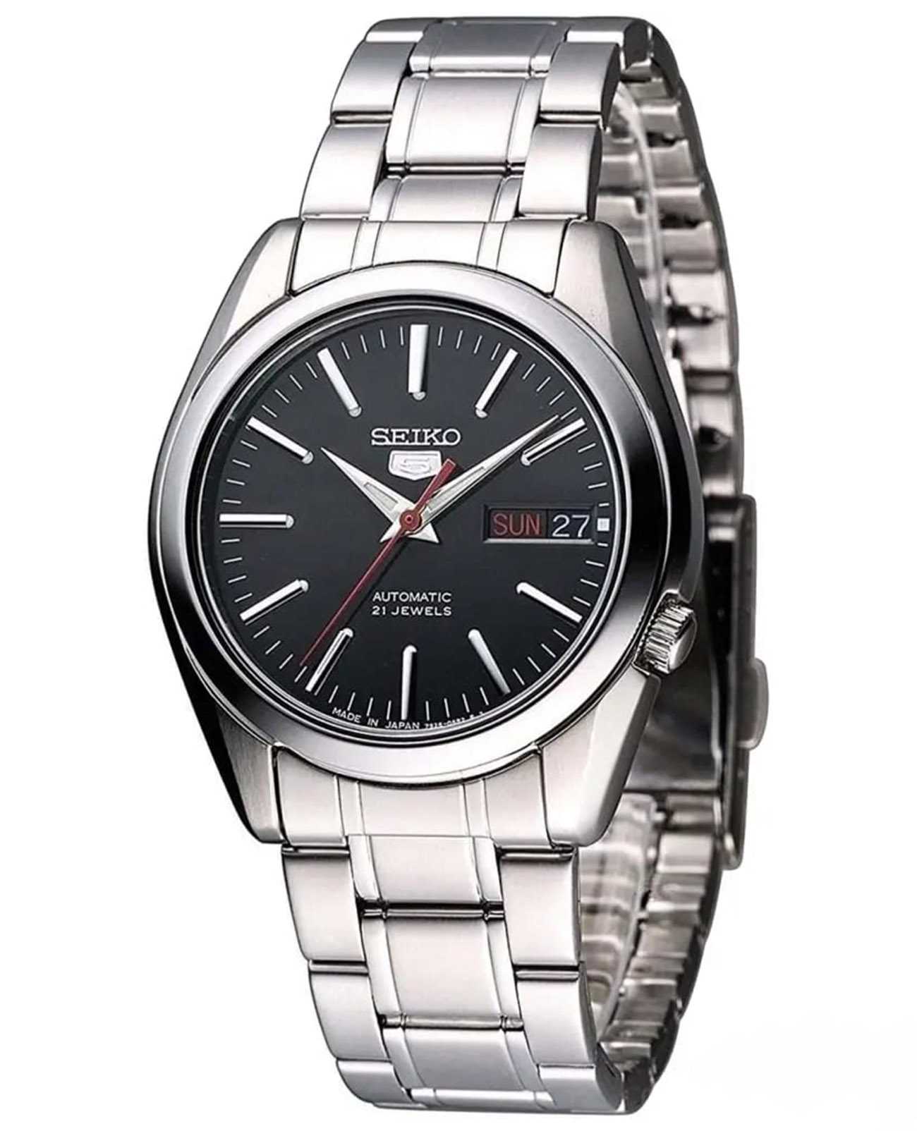 Seiko Seiko 5 Regular SNKL45J1  SNKL45J1 механические мужские часы черный циферблат, браслет нержавеющая сталь — вид спереди