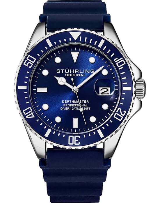 Stuhrling Stuhrling Aquadiver 3950R.2  3950R.2 кварцевые мужские часы синий циферблат, браслет силикон — вид спереди