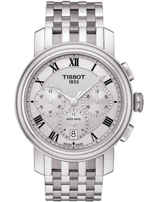 Tissot Tissot Bridgeport Automatic Valjoux T097.427.11.033.00 Bridgeport T0974271103300 механические мужские часы белый циферблат, браслет нержавеющая сталь — вид спереди