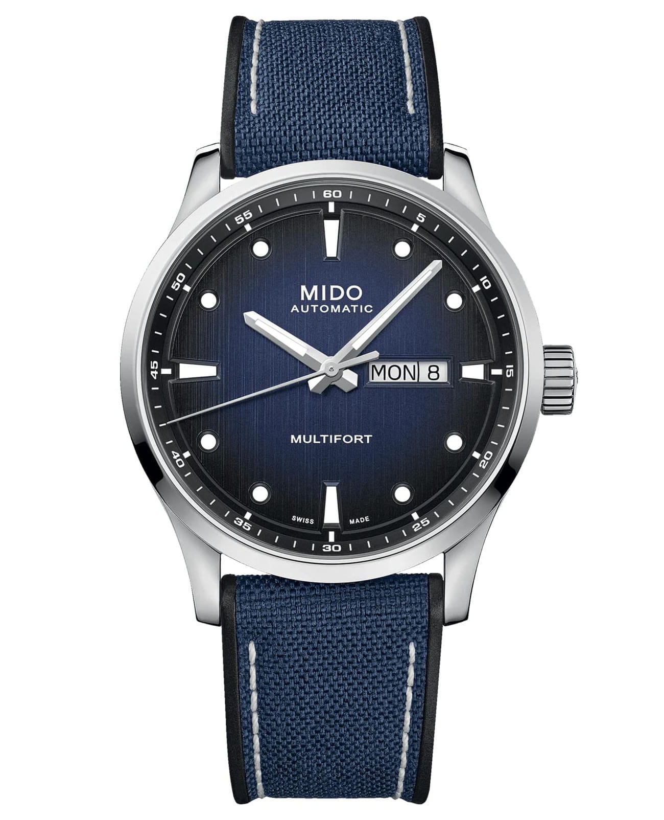 Mido Mido Multifort M M038.430.17.041.00  M0384301704100 механические мужские часы синий циферблат, браслет тканевый — вид спереди