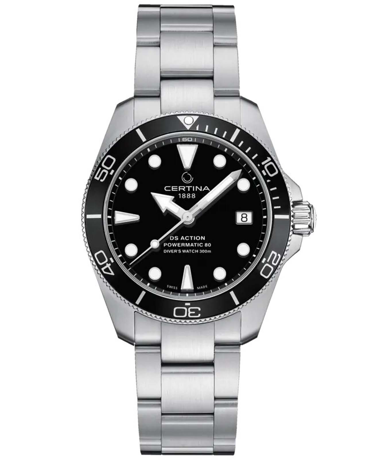 Certina Certina DS Action Diver Powermatic 38 MM C032.807.11.051.00 DS Action C0328071105100 механические мужские часы черный циферблат, браслет нержавеющая сталь — вид спереди