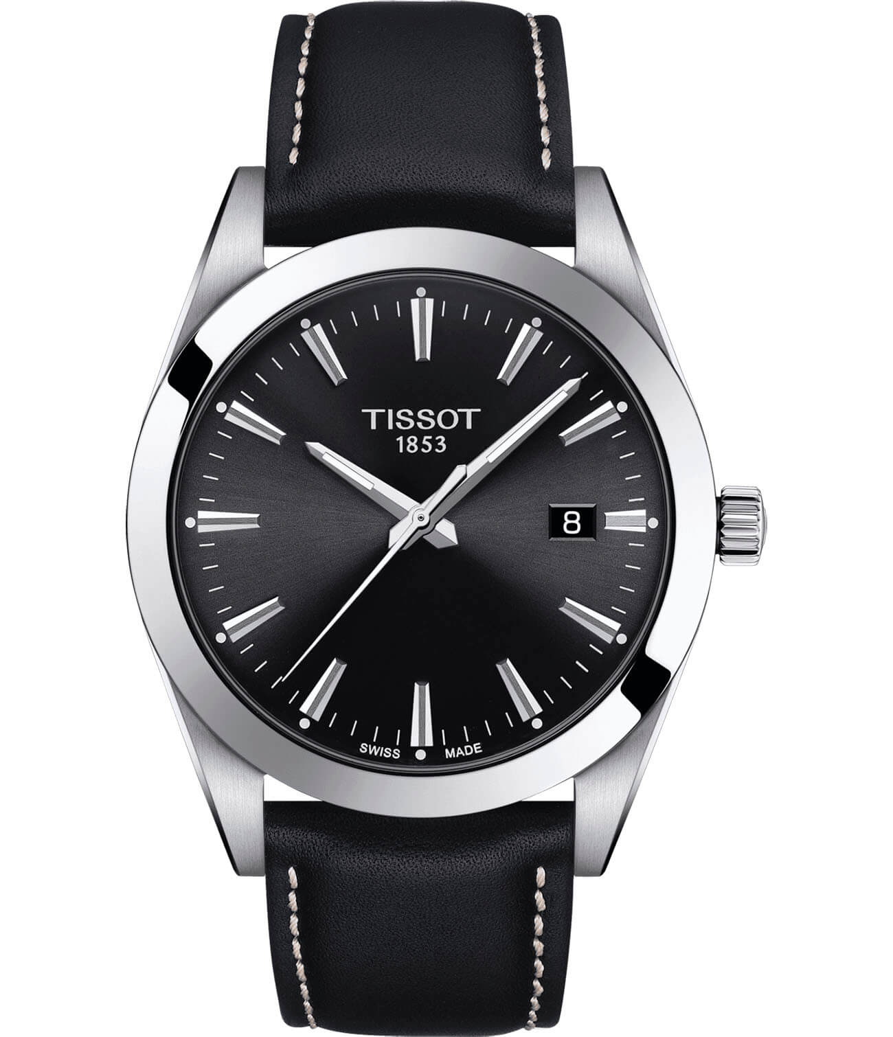 Tissot Tissot Gentleman T127.410.16.051.00 Gentleman T1274101605100 кварцевые мужские часы черный циферблат, браслет кожаный — вид спереди
