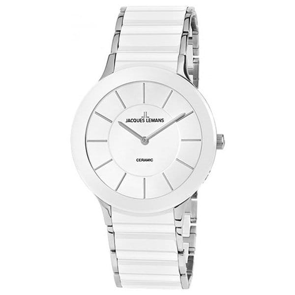 Jacques Lemans Jacques Lemans 1-1856B  1-1856B кварцевые женские часы белый циферблат, браслет сталь + керамические вставки — вид спереди