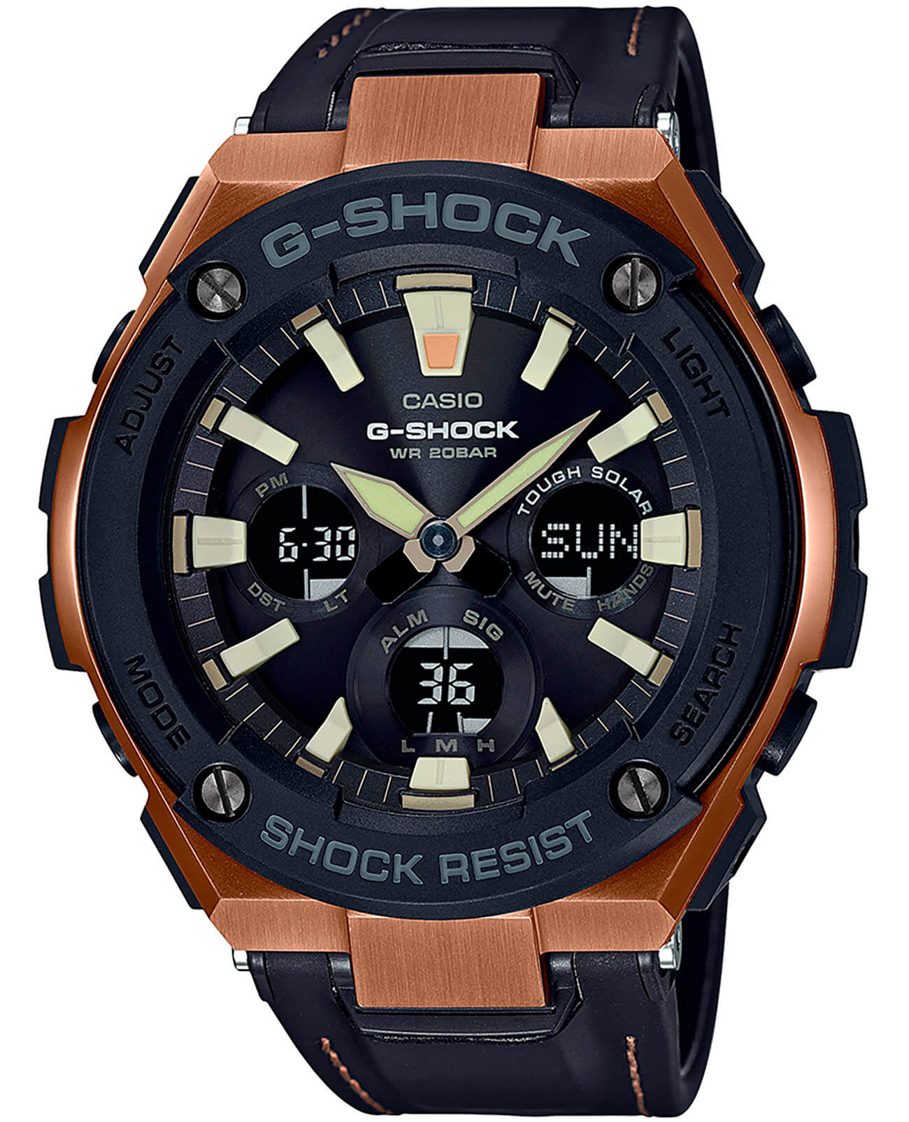 Casio Casio G-Shock GST-W120L-1A GST G-Steel GST-W120L-1A электронные мужские часы черный циферблат, браслет кожаный — вид спереди