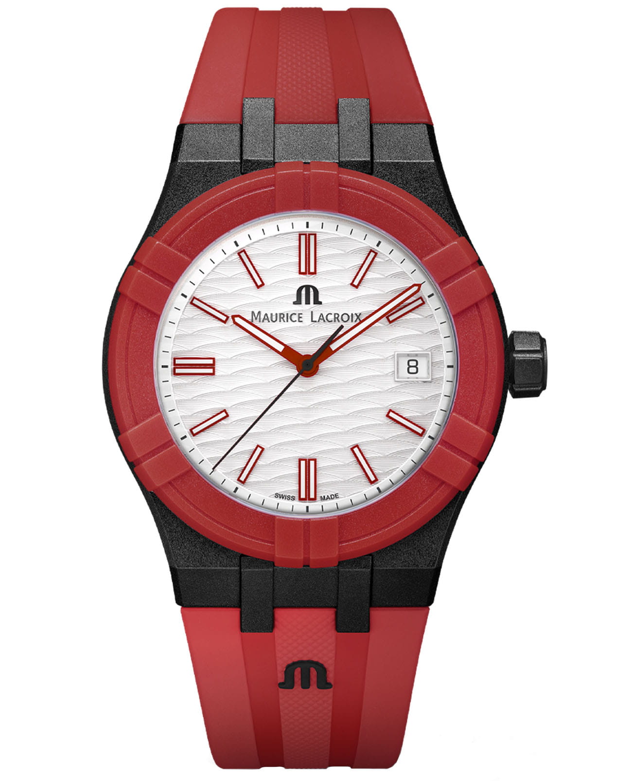 Maurice Lacroix Maurice Lacroix Aikon #Tide Black, Red and White AI2008-04010-400-J  AI2008-04010-400-J кварцевые мужские часы белый циферблат, браслет каучук — вид спереди