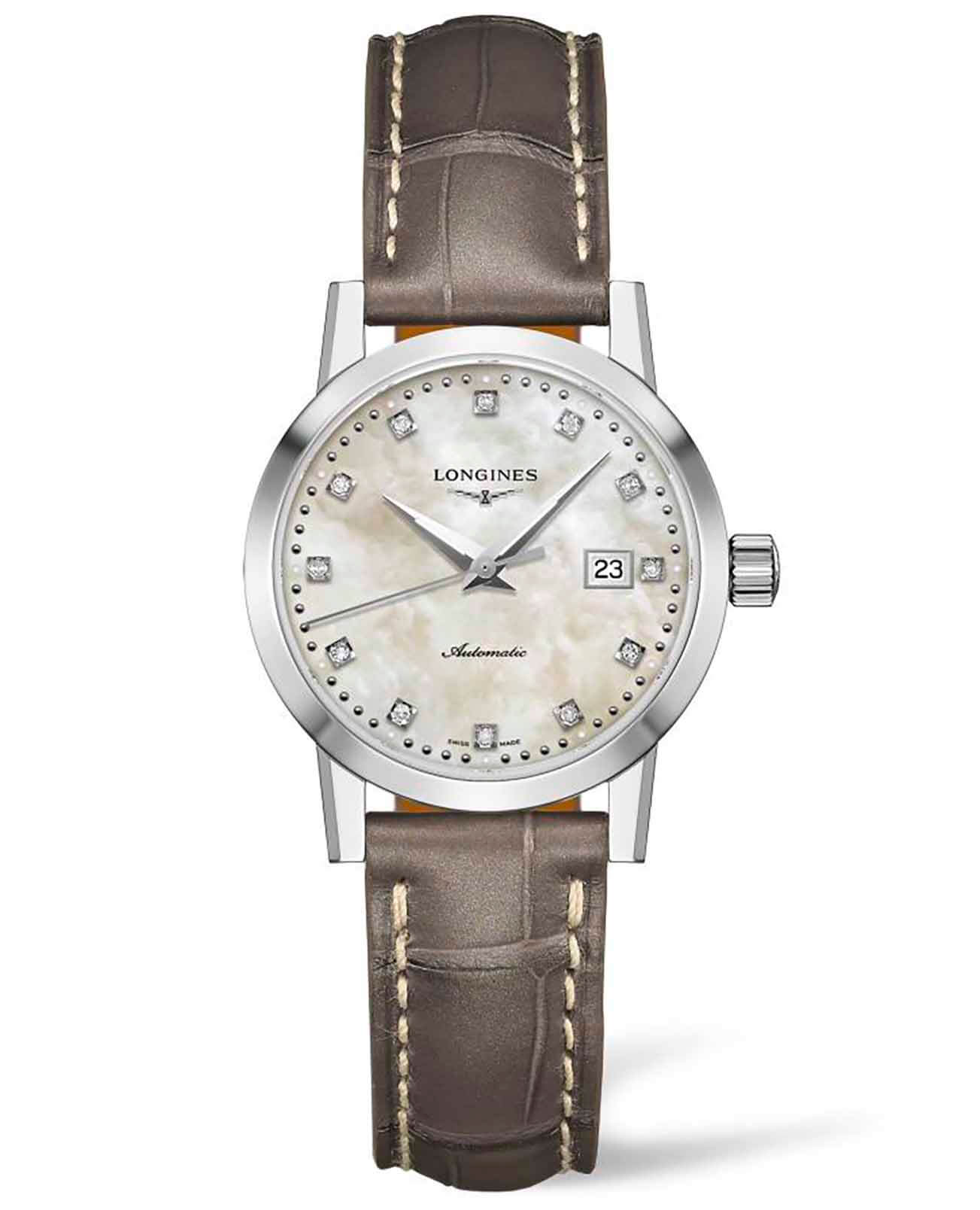 Longines Longines 1832 L4.325.4.87.2  L43254872 механические женские часы перламутровый циферблат, браслет кожаный — вид спереди