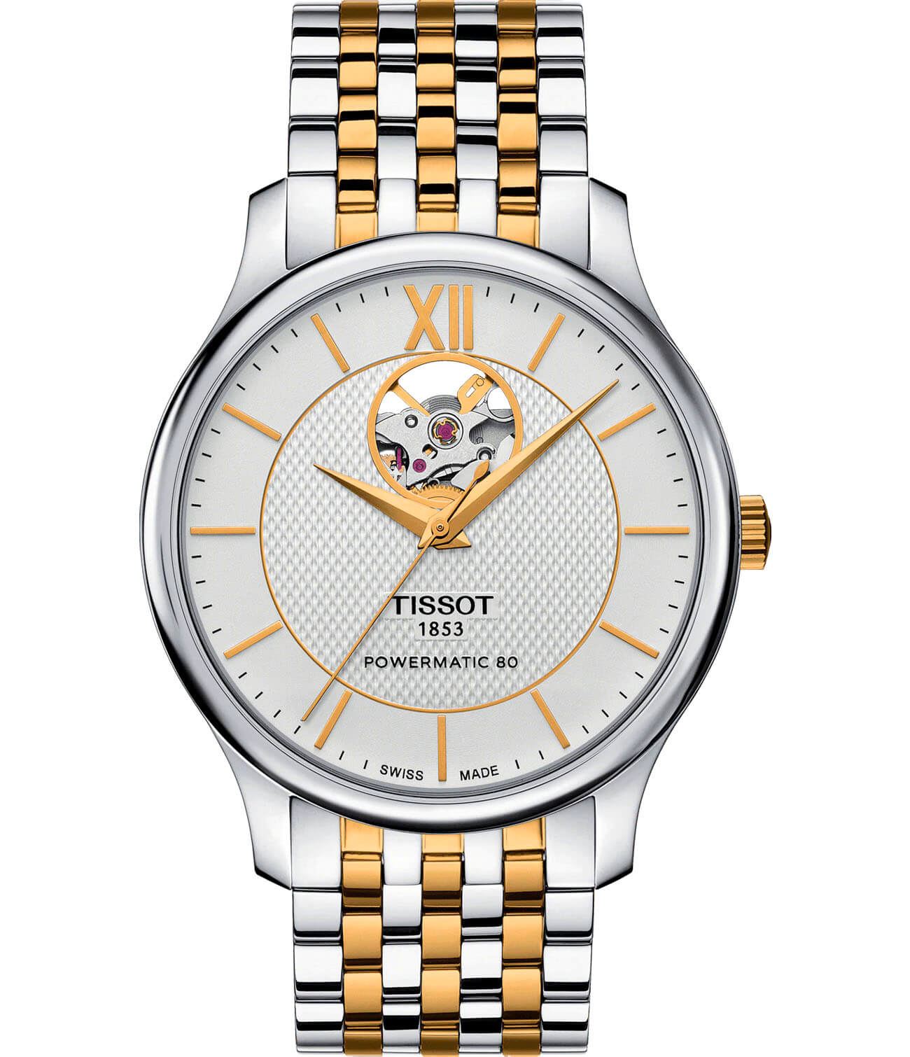 Tissot Tissot Tradition Powermatic 80 Open Heart T063.907.22.038.00 Tradition T0639072203800 механические мужские часы белый циферблат, браслет сталь c pvd покрытием — вид спереди