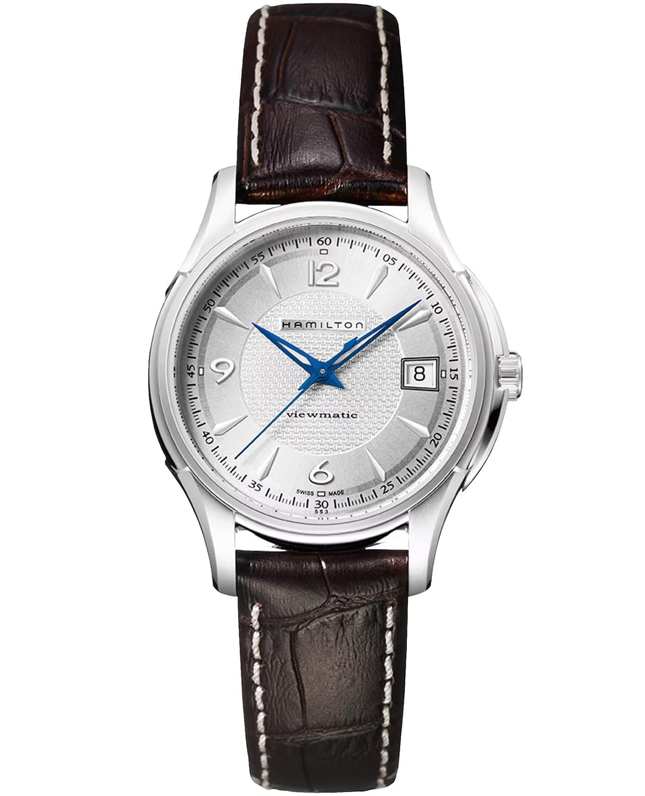 Hamilton Hamilton Jazzmaster Viewmatic Auto H32455557  H32455557 механические мужские часы серебристый циферблат, браслет кожаный — вид спереди
