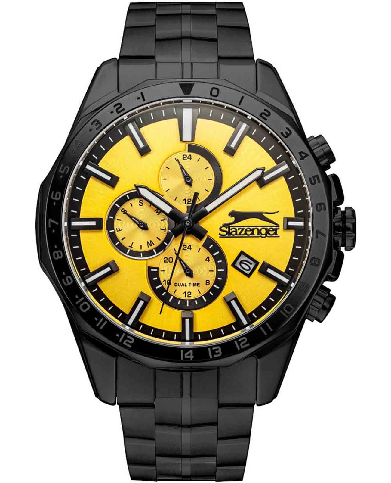 Slazenger Slazenger SL.09.2259.2.06  SL.09.2259.2.06 кварцевые мужские часы желтый циферблат, браслет суперметалл с ip покрытием — вид спереди
