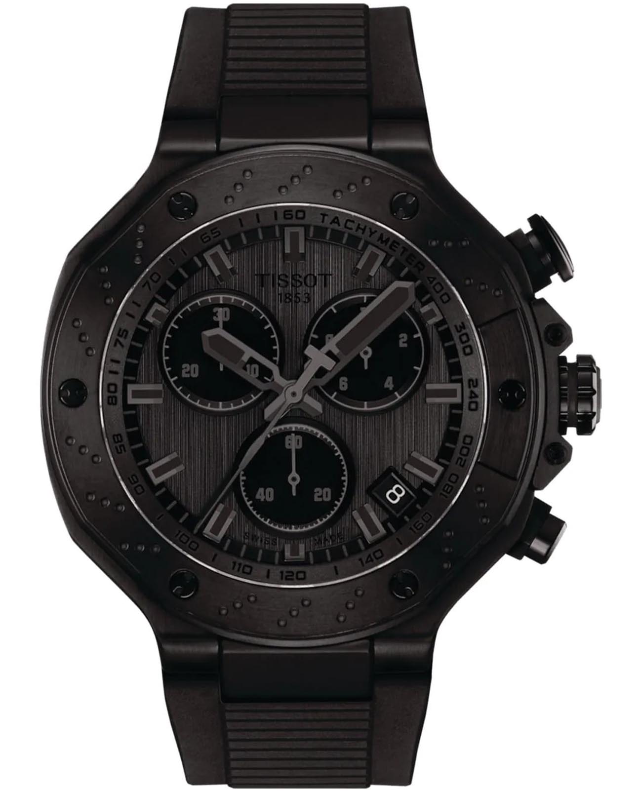 Tissot Tissot T-Race Powermatic 80 Т141.417.37.061.00 T Race T1414173706100 кварцевые мужские часы черный циферблат, браслет силикон — вид спереди