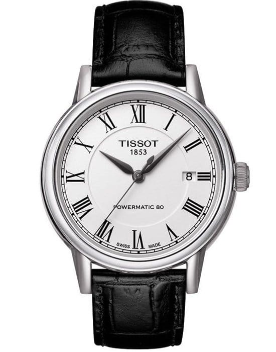 Tissot Tissot Carson Powermatic 80 T085.407.16.013.00 Carson T0854071601300 механические мужские часы белый циферблат, браслет кожаный — вид спереди
