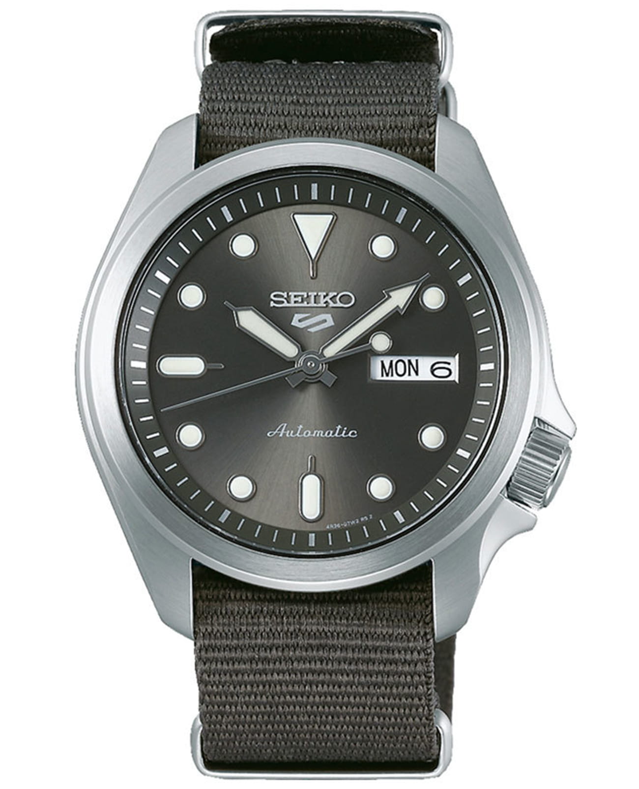 Seiko Seiko 5 Sports SRPE61K1S  SRPE61K1S механические мужские часы серый циферблат, браслет тканевый — вид спереди